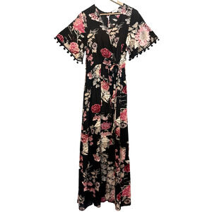 Y2K Poof New York Floral Cottage Faux Wrap Maxi Dress Size M Open Short Festival